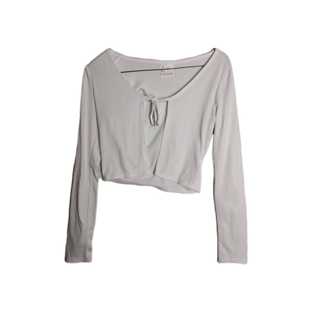 Vivi By Olivia Rae Womans White Long Sleeve Ribbed tie Front Shrug Sweater Small